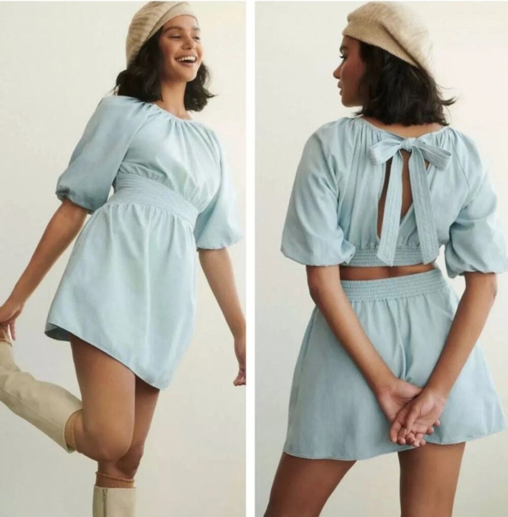 NWT Anthropologie Love the Label Blue Puff-Sleeved Mini Dress - Medium